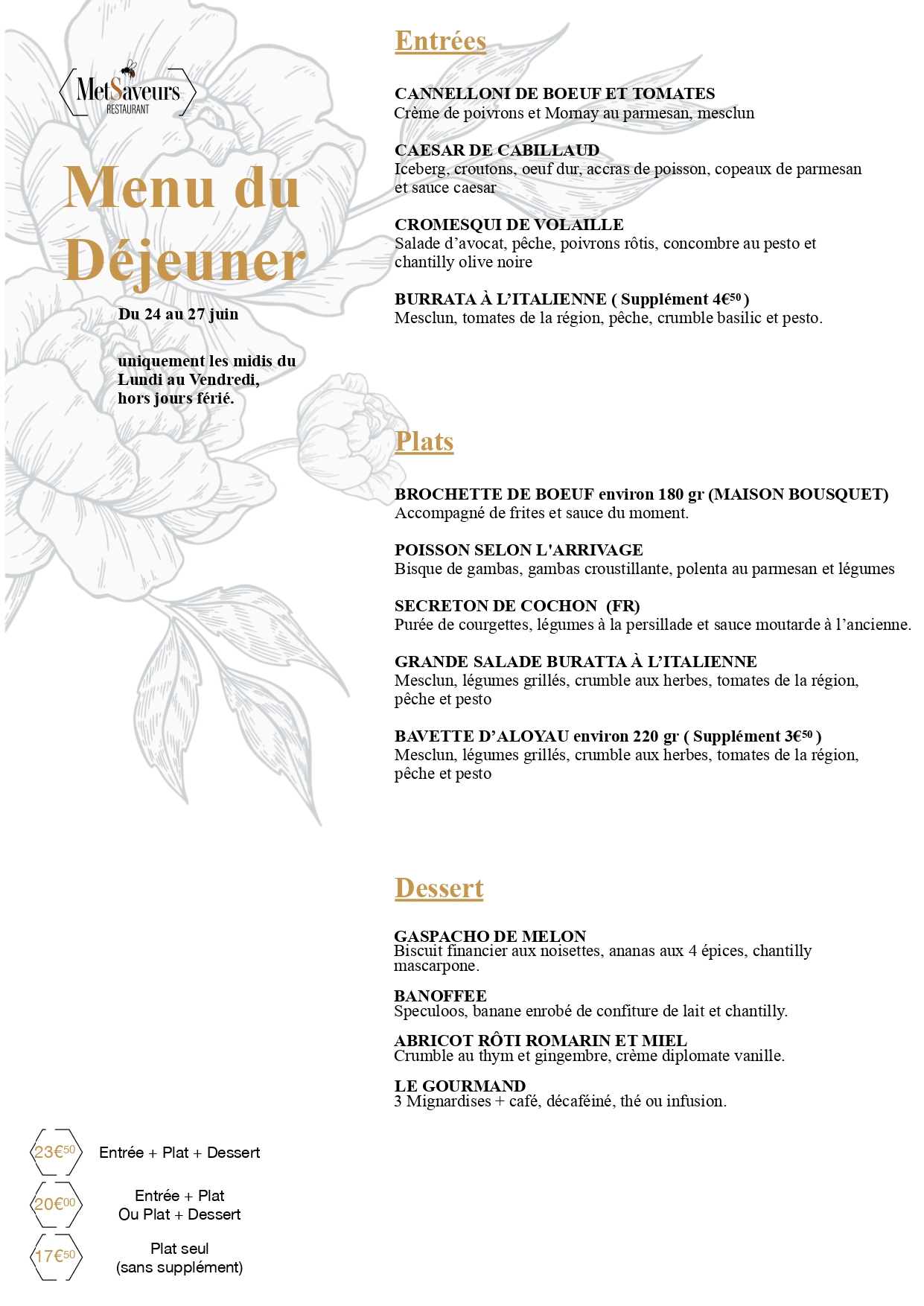 menu dejeuner restaurant metsaveurs