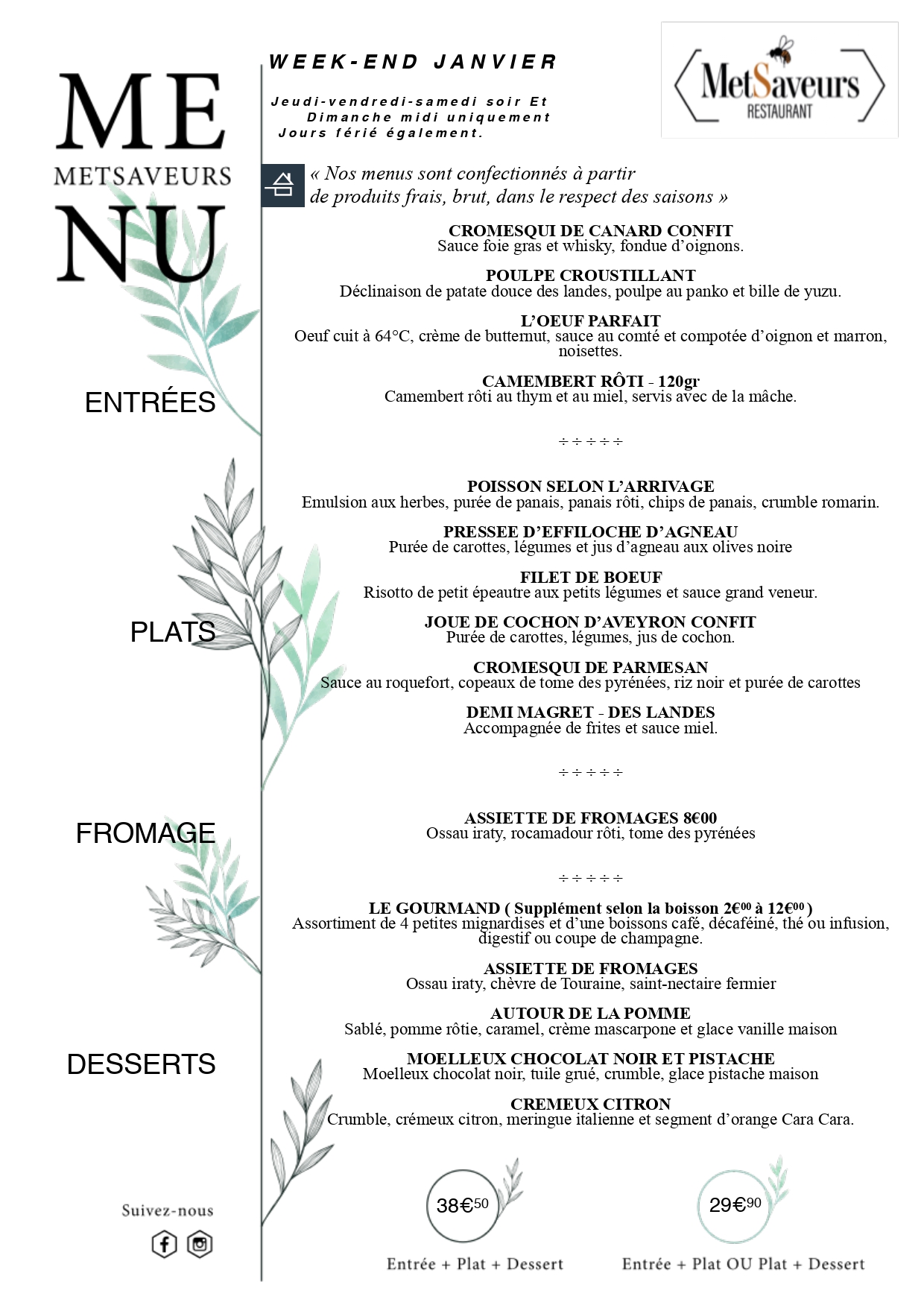 menu dejeuner restaurant metsaveurs