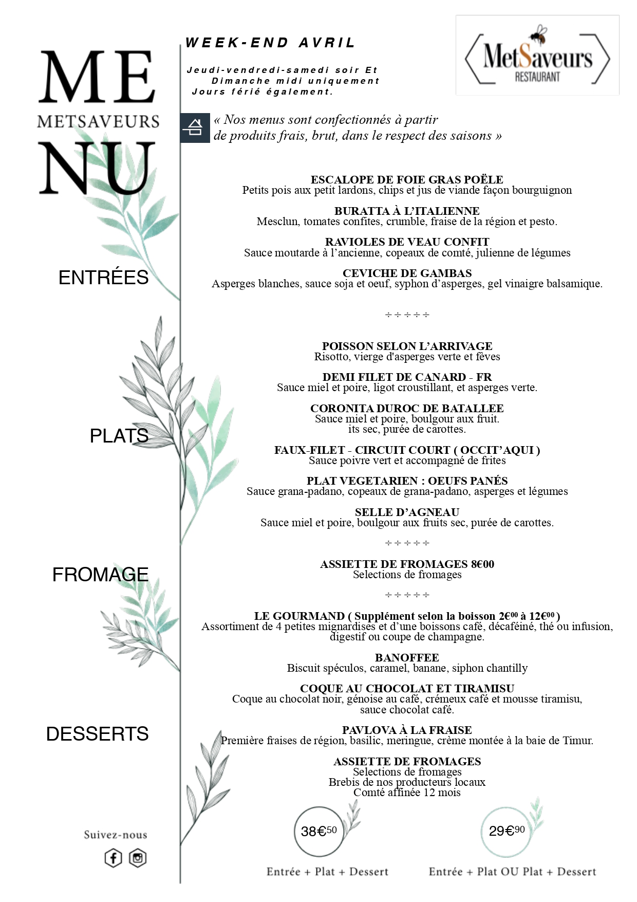 menu dejeuner restaurant metsaveurs