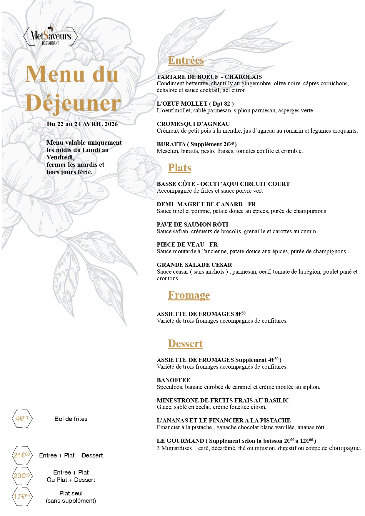 menu dejeuner restaurant metsaveurs