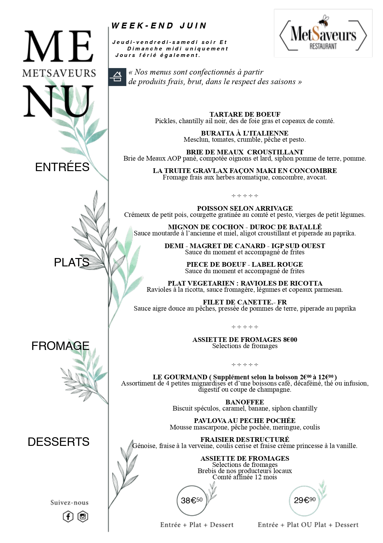 menu dejeuner restaurant metsaveurs
