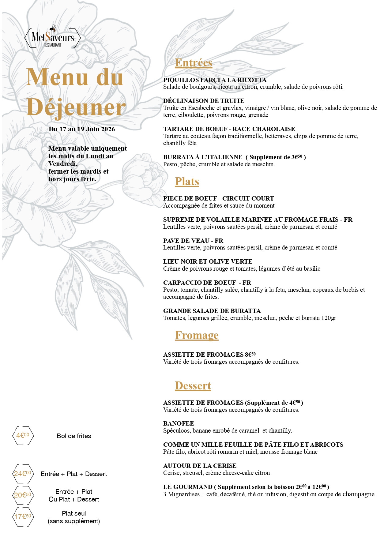menu dejeuner restaurant metsaveurs