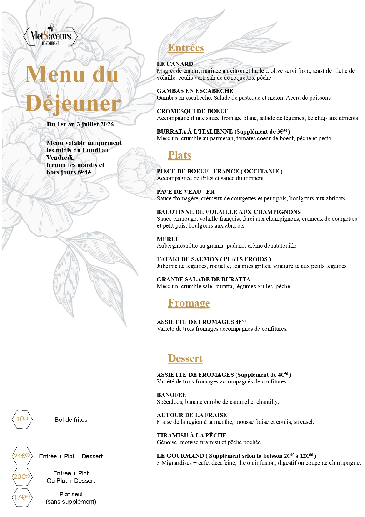 menu dejeuner restaurant metsaveurs